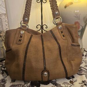 Braided Handle Tan Leather Tote Bag